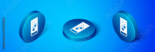 Isometric Effervescent aspirin tablets dissolve in a glass of water icon isolated on blue background. Blue circle button. Vector Illustration.
