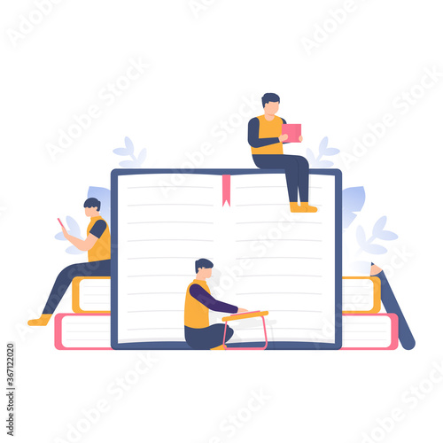 the concept of education, lovers or fans of books, increase knowledge. illustration of people who reading books. flat design. can be used for elements, landing pages, UI, website