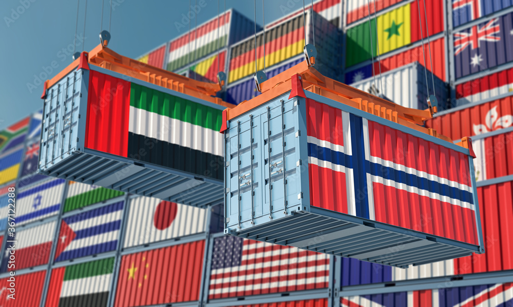Freight containers with Norway and United Arab Emirates flag. 3D Rendering 