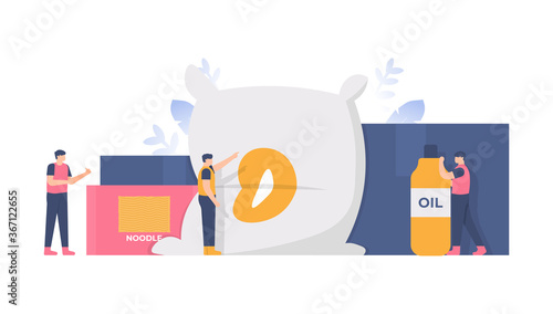 the concept of donations, social assistance, food, food assistance. illustration of a volunteer working together to collect staple food to donate. flat design. can be used for elements, landing pages