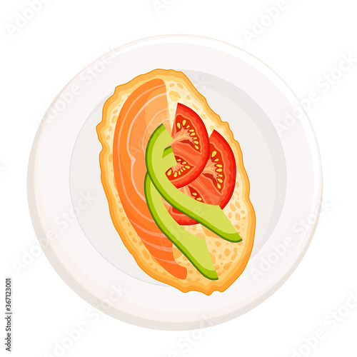 Bruschetta with salmon, avocado and tomato on a plate top view. Fish sandwich isolated on white background. Toast for lunch. Italian Cuisine.