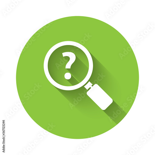 White Unknown search icon isolated with long shadow. Magnifying glass and question mark. Green circle button. Vector Illustration.