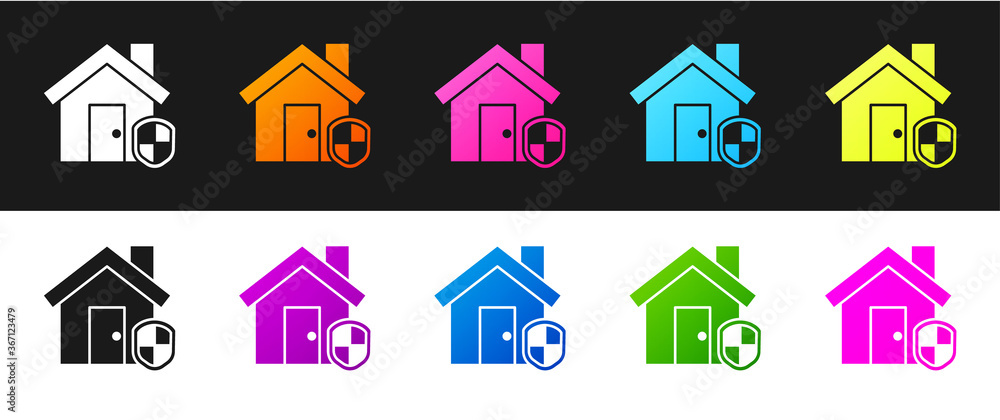 Fototapeta premium Set House under protection icon isolated on black and white background. Home and shield. Protection, safety, security, protect, defense concept. Vector Illustration.