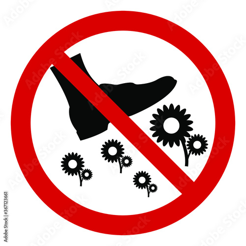 Red round prohibition sign, do not walk on lawns and flowers, for design, vector illustration