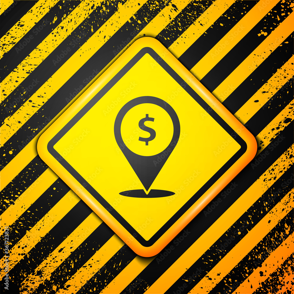 Black Cash location pin icon isolated on yellow background. Pointer and dollar symbol. Money location. Business and investment concept. Warning sign. Vector Illustration. Black Cash location pin icon isolated on yellow background. Pointer and dollar symbol. Money location. Business and investment concept. Warning sign. Vector Illustration.