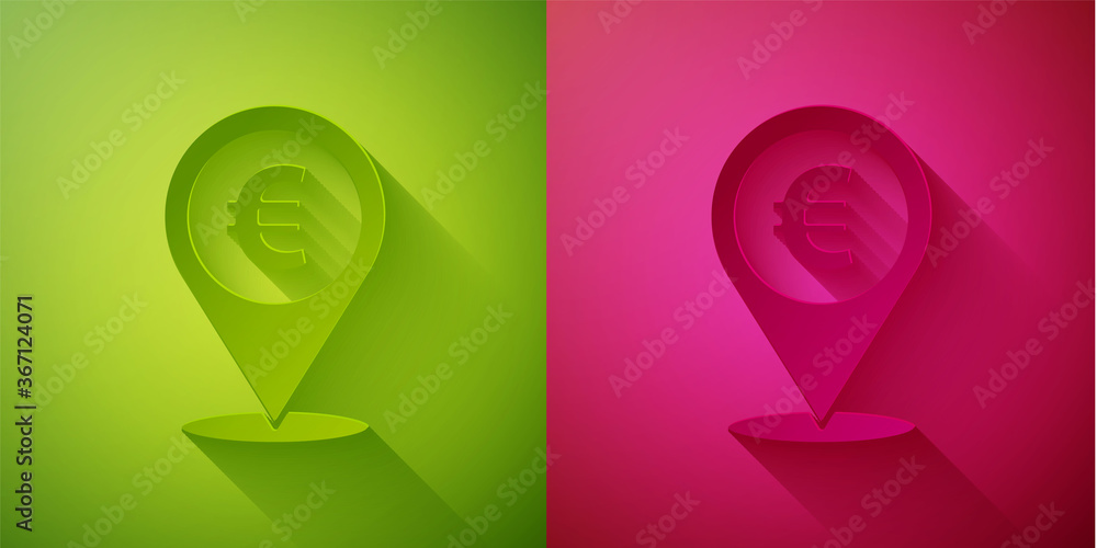 Paper cut Cash location pin icon isolated on green and pink background. Pointer and euro symbol. Money location. Business and investment concept. Paper art style. Vector Illustration. Paper cut Cash location pin icon isolated on green and pink background. Pointer and euro symbol. Money location. Business and investment concept. Paper art style. Vector Illustration.