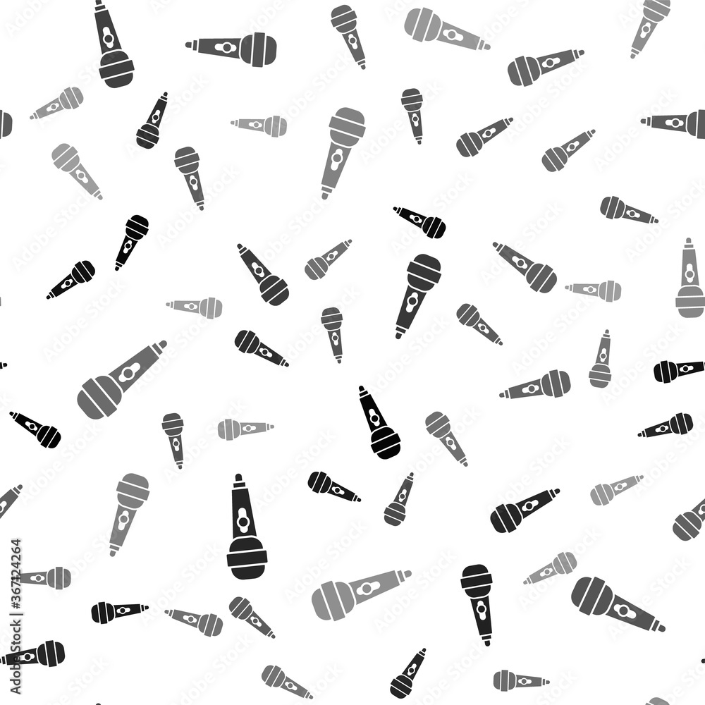 Black Microphone icon isolated seamless pattern on white background. On air radio mic microphone. Speaker sign. Vector Illustration.