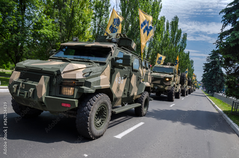 Military march of Ukranian soldiers in the Mariupol, Ukraine. Jun, 2016