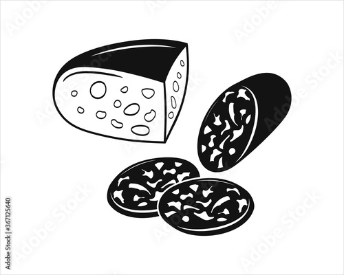 Sausage and lard set icon isolated on white. Stencil food. Vector stock illustration. EPS 10