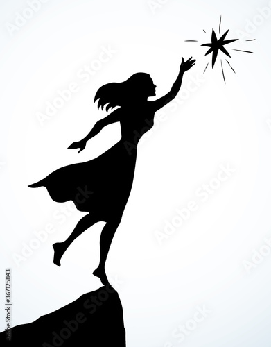 Woman get a star from the sky. Vector drawing