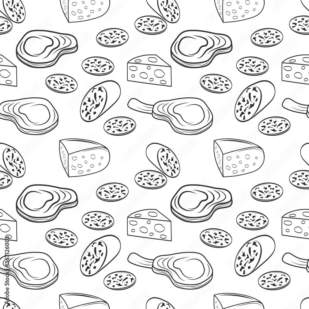 Outline sausage, steak and cheese seamless pattern isolated on white. Sketch food. Vector stock illustration. EPS 10