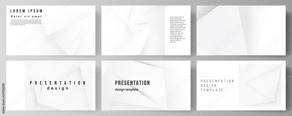 Vector layout of the presentation slides design templates, multipurpose template for presentation brochure, brochure cover. Halftone dotted background with gray dots, abstract gradient background - obrazy, fototapety, plakaty 