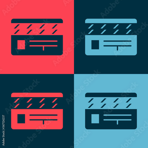 Pop art Movie clapper icon isolated on color background. Film clapper board. Clapperboard sign. Cinema production or media industry. Vector Illustration.