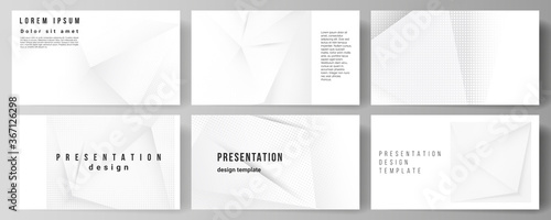 Vector layout of the presentation slides design templates, multipurpose template for presentation brochure, brochure cover. Halftone dotted background with gray dots, abstract gradient background