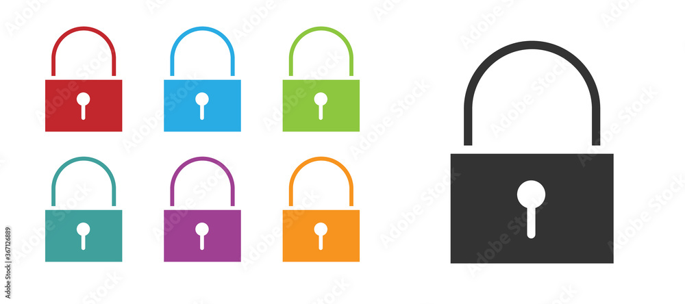 Black Lock icon isolated on white background. Padlock sign. Security, safety, protection, privacy concept. Set icons colorful. Vector Illustration. Black Lock icon isolated on white background. Padlock sign. Security, safety, protection, privacy concept. Set icons colorful. Vector Illustration.