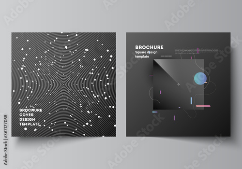 Vector layout of two square format covers design templates for brochure, flyer, magazine, cover design, book design, brochure cover. Tech science future background, space astronomy concept.