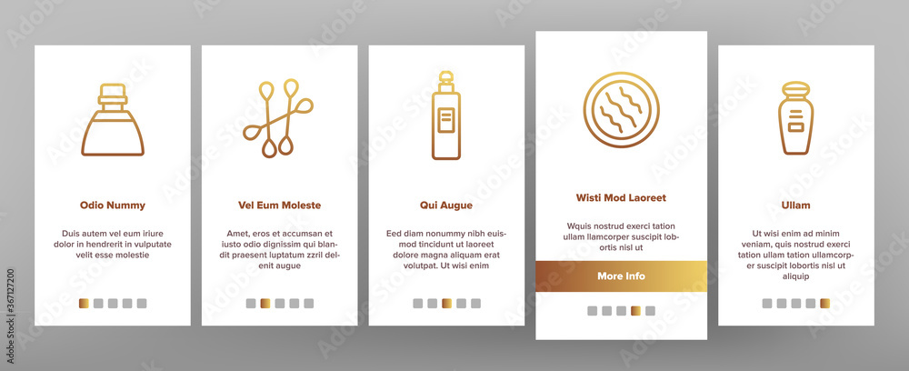 Fototapeta premium Makeup Remover Lotion Onboarding Mobile App Page Screen Vector. Cosmetic Makeup Remover Cotton And Stick, Tube And Container, Spray And Bottle Illustrations