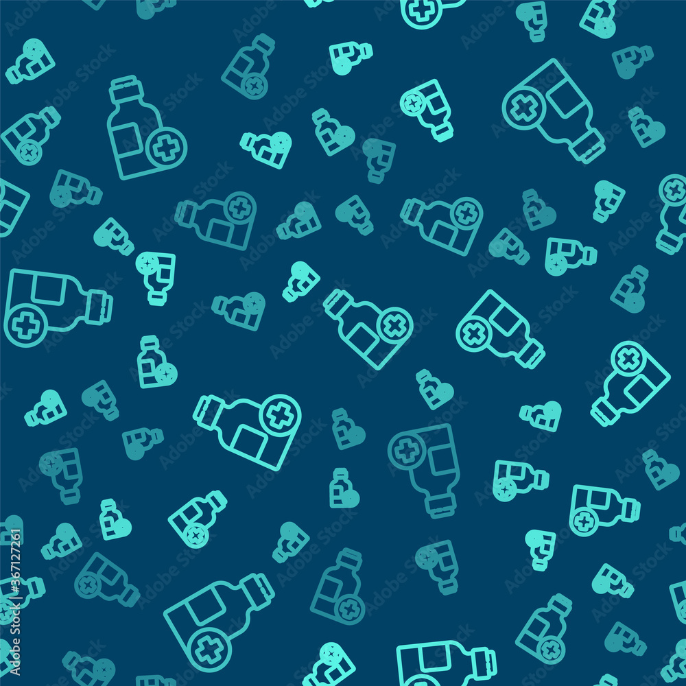 Green line Bottle of medicine syrup icon isolated seamless pattern on blue background. Vector Illustration. Green line Bottle of medicine syrup icon isolated seamless pattern on blue background. Vector Illustration.