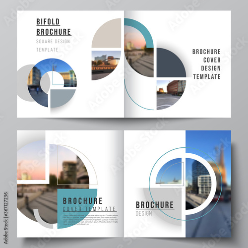 Vector layout of two covers templates for square design bifold brochure, flyer, cover design, book, brochure cover. Background with abstract circle round banners. Corporate business concept template.