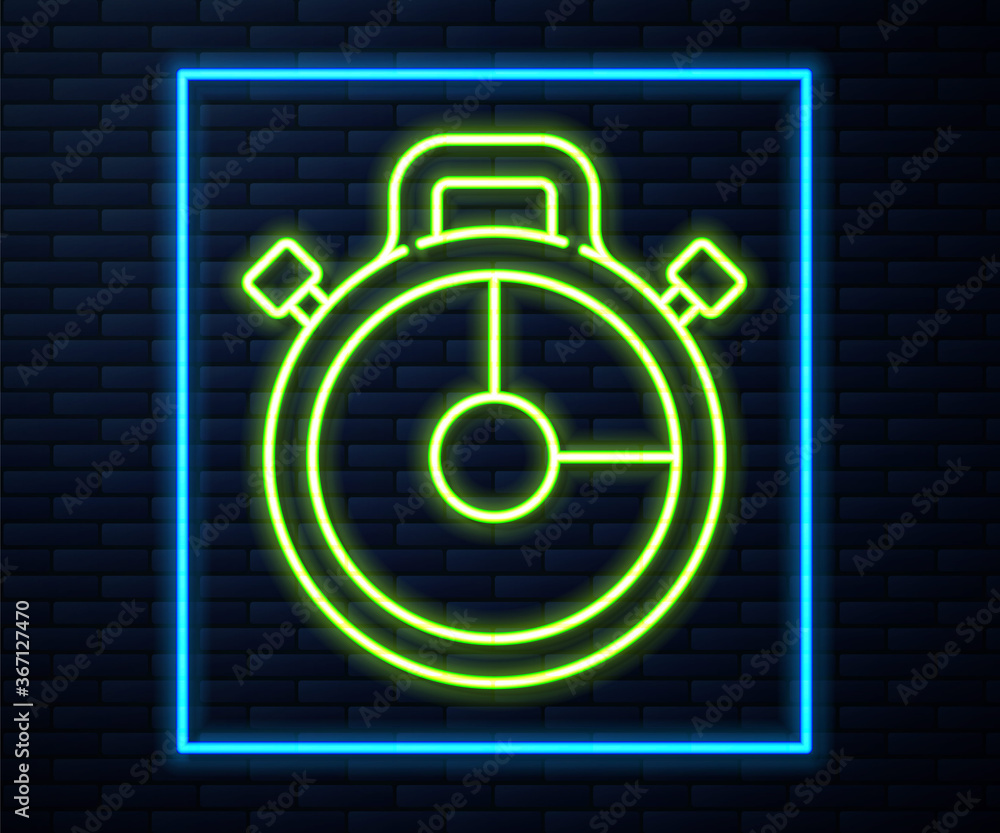 Glowing neon line Stopwatch icon isolated on brick wall background. Time timer sign. Chronometer sign. Vector Illustration. Glowing neon line Stopwatch icon isolated on brick wall background. Time timer sign. Chronometer sign. Vector Illustration.