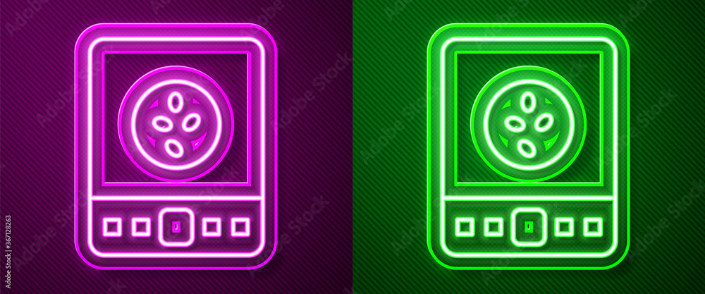 Glowing neon line Electronic coffee scales icon isolated on purple and green background. Weight measure equipment. Vector Illustration. Glowing neon line Electronic coffee scales icon isolated on purple and green background. Weight measure equipment. Vector Illustration.