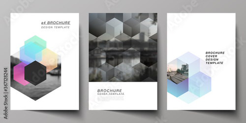 Vector layout of A4 format cover mockups design templates with abstract shapes and colors for brochure, flyer layout, booklet, cover design, book design, brochure cover.