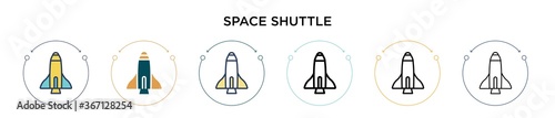 Space shuttle icon in filled, thin line, outline and stroke style. Vector illustration of two colored and black space shuttle vector icons designs can be used for mobile, ui, web