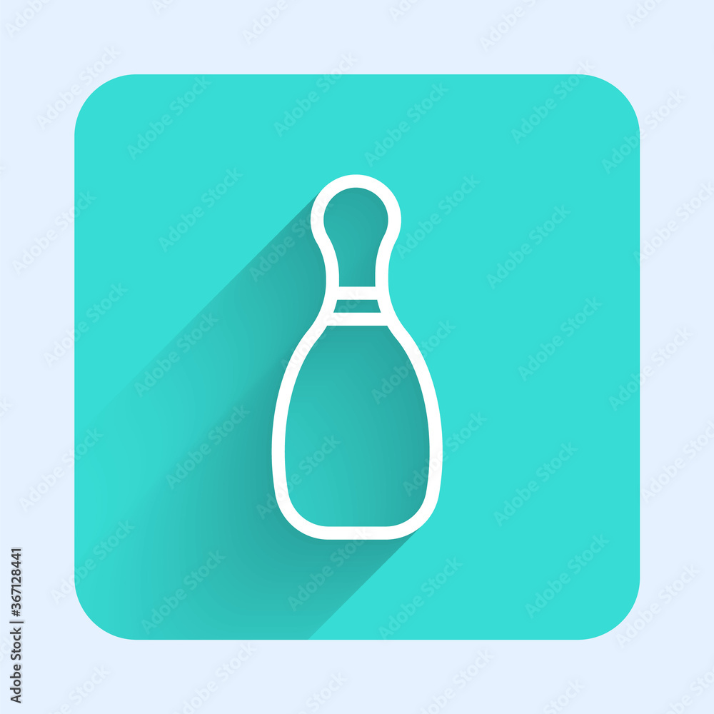 White line Bowling pin icon isolated with long shadow. Green square button. Vector Illustration. White line Bowling pin icon isolated with long shadow. Green square button. Vector Illustration.