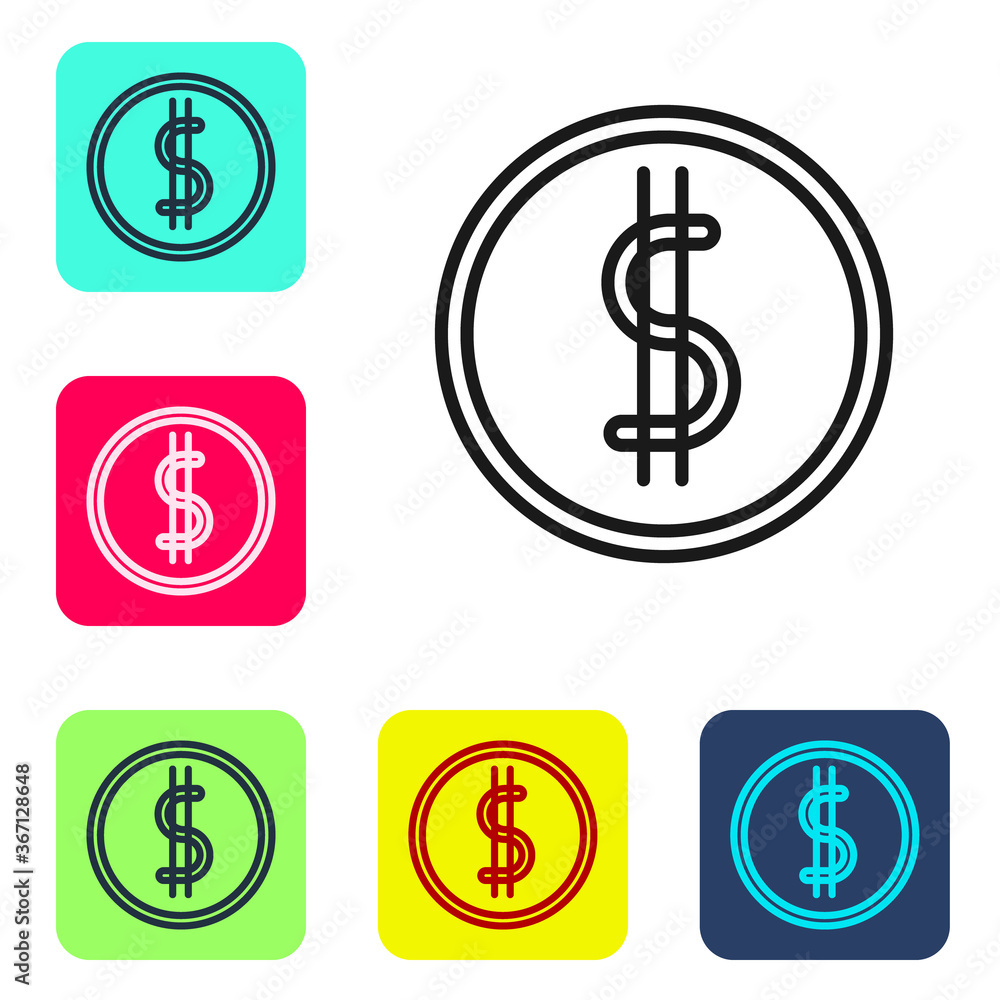 Obraz premium Black line Coin money with dollar symbol icon isolated on white background. Banking currency sign. Cash symbol. Set icons in color square buttons. Vector Illustration.