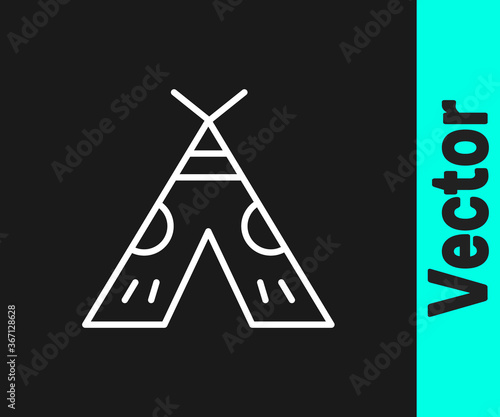 White line Traditional indian teepee or wigwam icon isolated on black background. Indian tent. Vector Illustration.