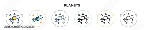 Planets icon in filled, thin line, outline and stroke style. Vector illustration of two colored and black planets vector icons designs can be used for mobile, ui, web