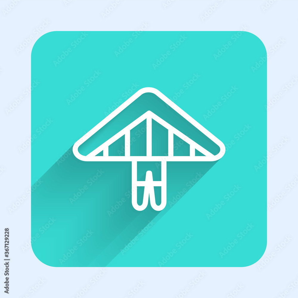 White line Hang glider icon isolated with long shadow. Extreme sport. Green square button. Vector Illustration. White line Hang glider icon isolated with long shadow. Extreme sport. Green square button. Vector Illustration.