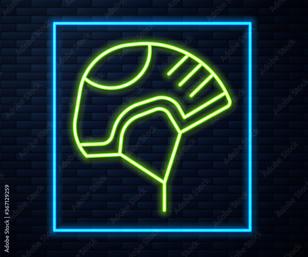 Glowing neon line Helmet icon isolated on brick wall background. Extreme sport. Sport equipment. Vector Illustration. Glowing neon line Helmet icon isolated on brick wall background. Extreme sport. Sport equipment. Vector Illustration.