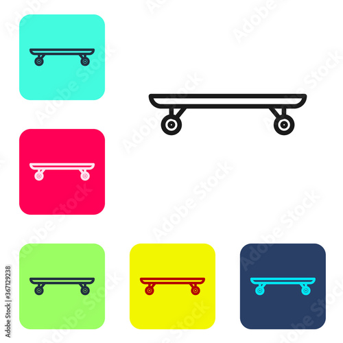 Black line Longboard or skateboard cruiser icon isolated on white background. Extreme sport. Sport equipment. Set icons in color square buttons. Vector Illustration.