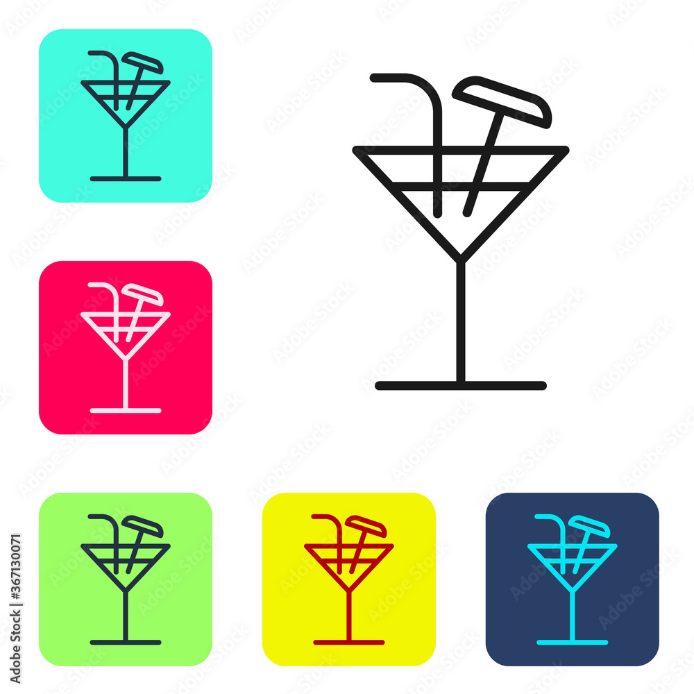 Black line Cocktail icon isolated on white background. Set icons in color square buttons. Vector Illustration. Black line Cocktail icon isolated on white background. Set icons in color square buttons. Vector Illustration.