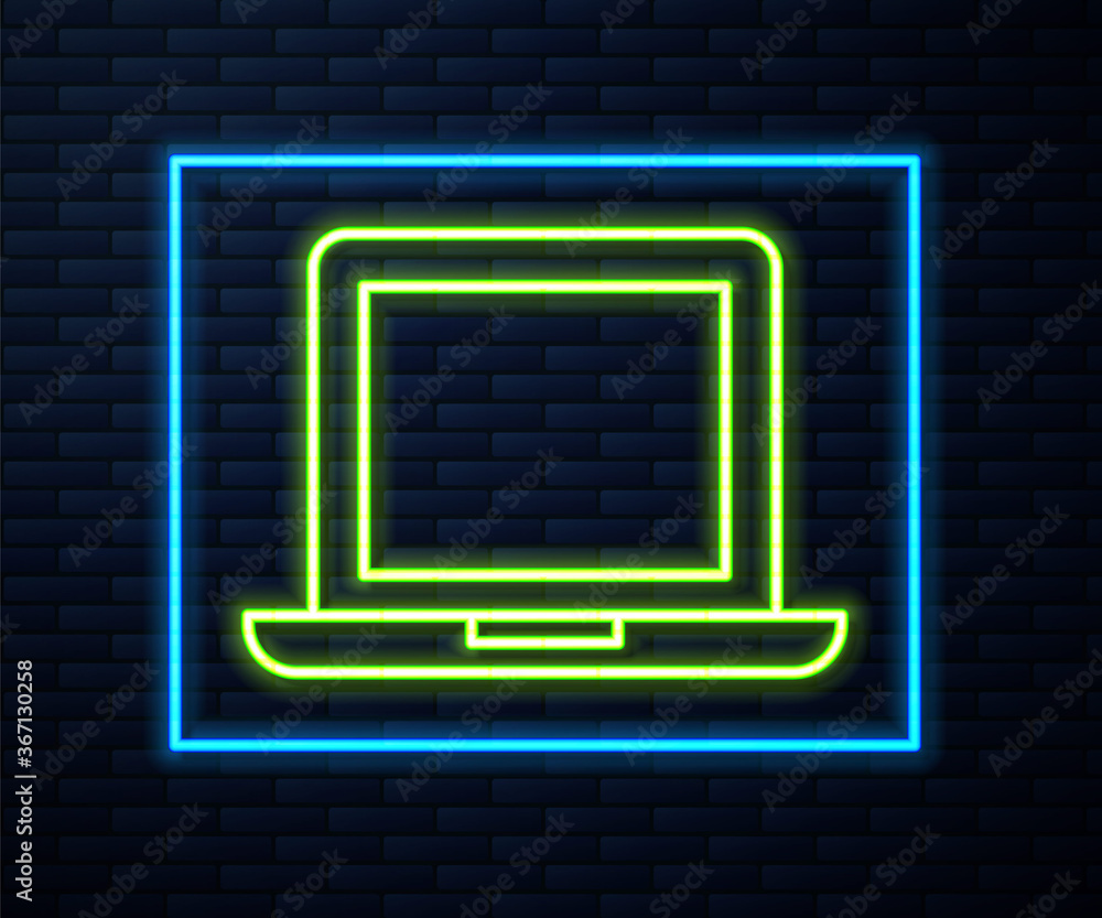 Glowing neon line Laptop icon isolated on brick wall background. Computer notebook with empty screen sign. Vector Illustration. Glowing neon line Laptop icon isolated on brick wall background. Computer notebook with empty screen sign. Vector Illustration.