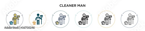 Cleaner man icon in filled, thin line, outline and stroke style. Vector illustration of two colored and black cleaner man vector icons designs can be used for mobile, ui, web