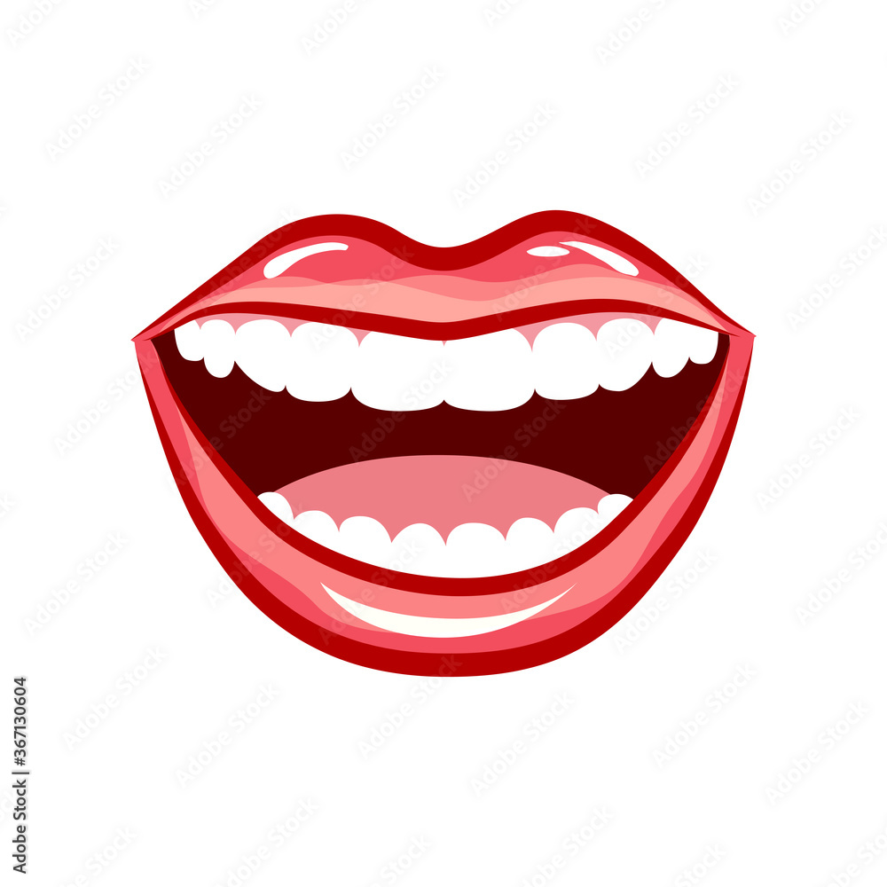 Woman sexy laugh isolated, red lips and white teeth