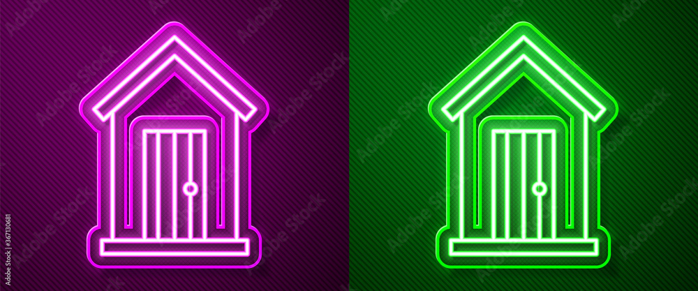 Glowing neon line Farm house icon isolated on purple and green background. Vector Illustration.