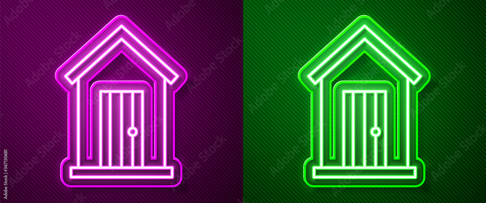 Glowing neon line Farm house icon isolated on purple and green background. Vector Illustration. Glowing neon line Farm house icon isolated on purple and green background. Vector Illustration.
