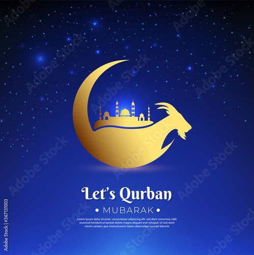 Happy Eid al adha design with starry night background and shinny crescent moon and goat. Mubarak islamic festival background