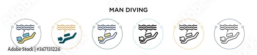 Man diving icon in filled, thin line, outline and stroke style. Vector illustration of two colored and black man diving vector icons designs can be used for mobile, ui, web