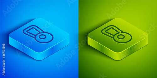 Isometric line Kettlebell icon isolated on blue and green background. Sport equipment. Square button. Vector Illustration.