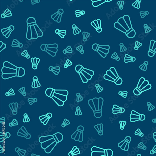 Green line Badminton shuttlecock icon isolated seamless pattern on blue background. Sport equipment. Vector Illustration.