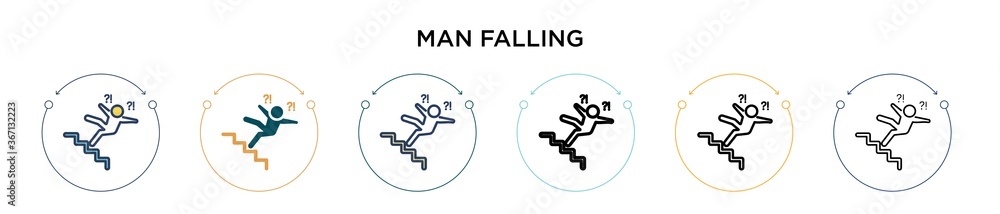 Man falling icon in filled, thin line, outline and stroke style. Vector illustration of two colored and black man falling vector icons designs can be used for mobile, ui, web