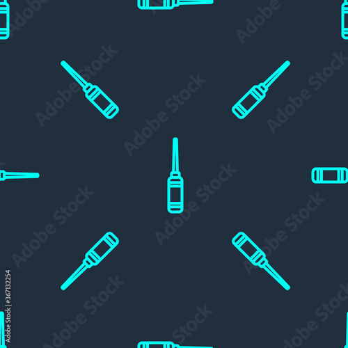 Green line Awl tool with wooden handle icon isolated seamless pattern on blue background. Work equipment tailor industry. Vector Illustration.
