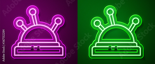 Glowing neon line Needle bed and needles icon isolated on purple and green background. Handmade and sewing theme. Vector Illustration.