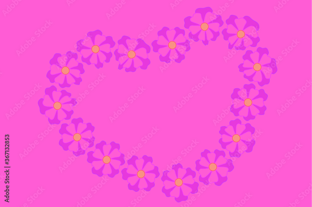 Pink background with pink flowers laid out in the shape of a heart