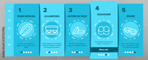 Contact Lens Accessory For Vision Onboarding Mobile App Page Screen Vector. Contact Lens Package And In Glass With Liquid, Bottle With Dropper And Medicine Illustrations