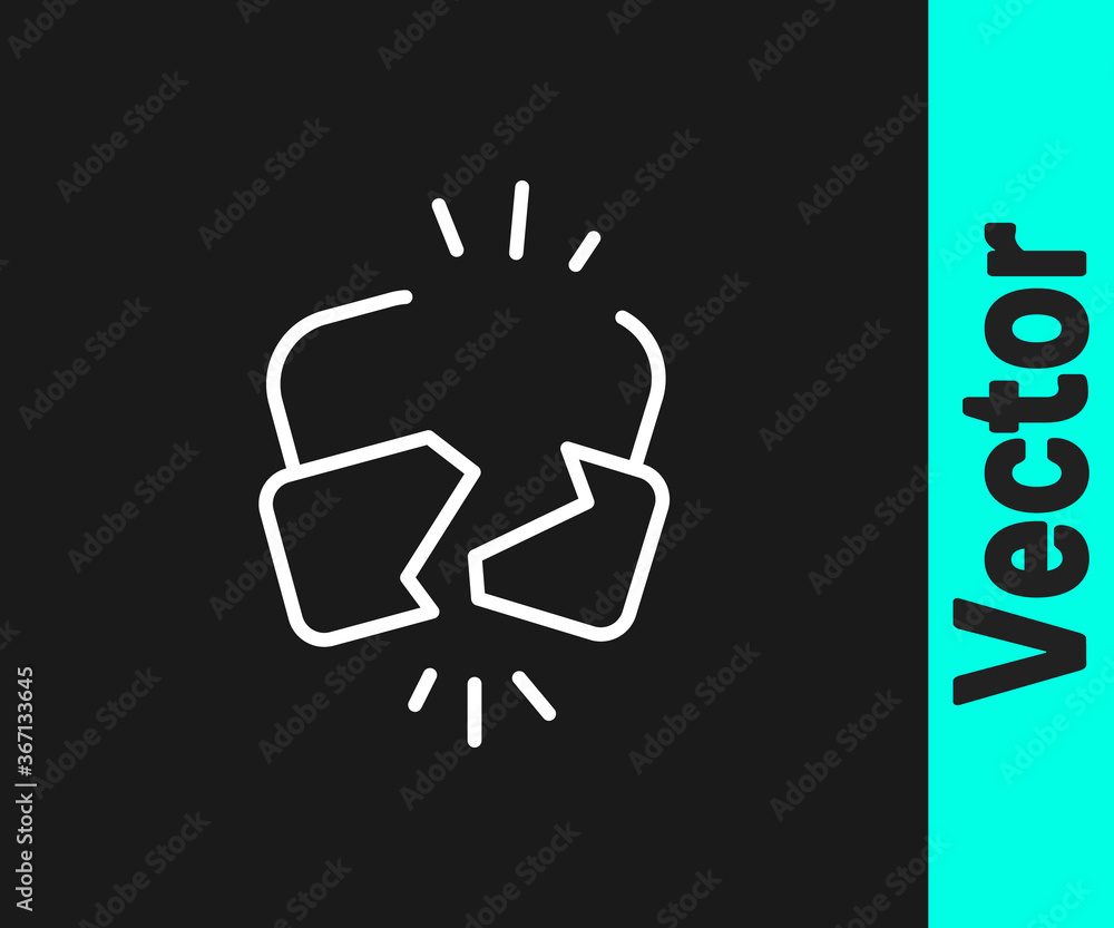 White line Broken or cracked lock icon isolated on black background. Unlock sign. Vector Illustration. White line Broken or cracked lock icon isolated on black background. Unlock sign. Vector Illustration.
